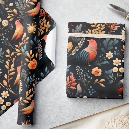 Fiery Autumn Elegance Wild Birds & Florals, Black Geschenkpapier
