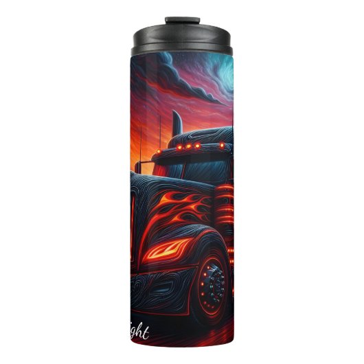 Fiery Black Semi Truck Sunset Thermosbecher (Vorderseite)
