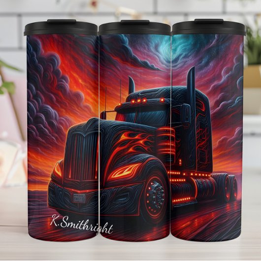 Fiery Black Semi Truck Sunset Thermosbecher