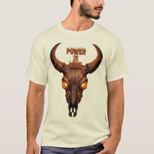 Fiery Bull Skull "Power is mine" - Lava Effect Gra T-Shirt (Vorderseite)