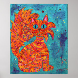 Fiery Cat auf Türkis Poster
