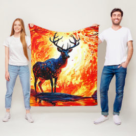 Fiery Deer Stance-Crimson Stag Scene Fleecedecke