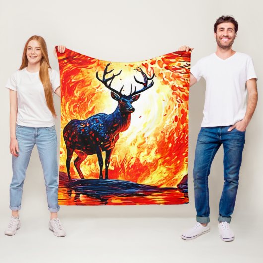 Fiery Deer Stance-Crimson Stag Scene Fleecedecke (Beispiel)