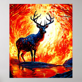 Fiery Deer Stance-Crimson Stag Scene Poster