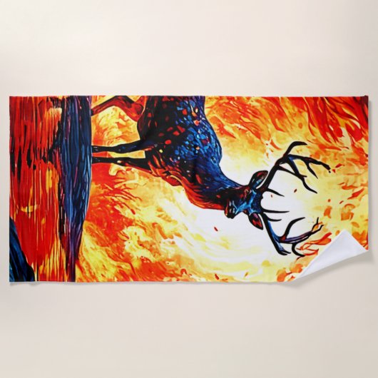 Fiery Deer Stance-Crimson Stag Scene Strandtuch (Vorderseite)