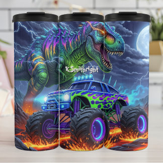 Fiery Dinosaur Monster Truck Battle Thermosbecher
