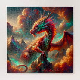 Fiery Dragon on Mountain Peak mit Twilight Sky Puzzle