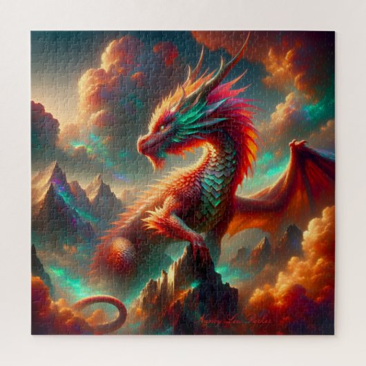 Fiery Dragon on Mountain Peak mit Twilight Sky Puzzle (Vertikal)