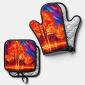 Fiery Forest Ablaze in lebhaften Farben Ofenhandschuh & Topflappen-Set (Vorderseite/Rückseite)