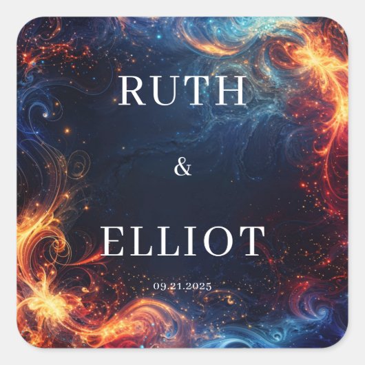 Fiery Galaxy Wedding Quadratischer Aufkleber (Vorderseite)