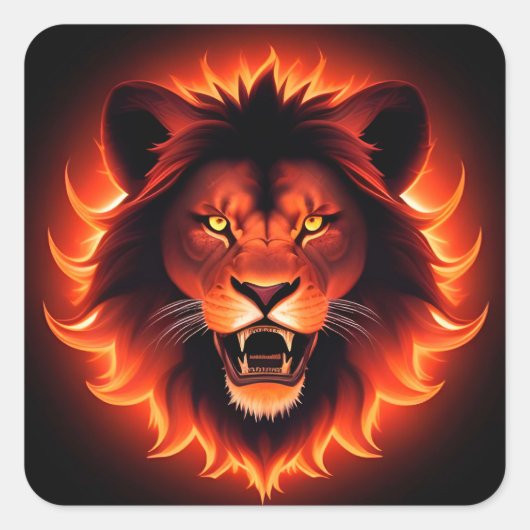 Fiery Lion Gesicht mit leuchtendem Mane Quadratischer Aufkleber (Vorderseite)