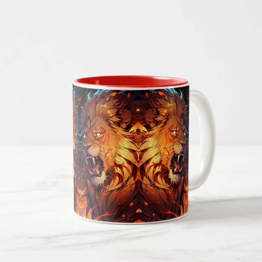 Fiery Lion mit lebendigem Mane und Naturelementen Zweifarbige Tasse (VorderseiteRechts)