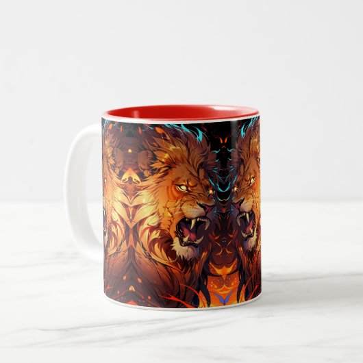 Fiery Lion mit lebendigem Mane und Naturelementen Zweifarbige Tasse (Vorderseite Links)