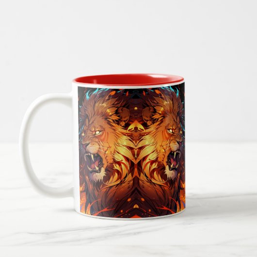 Fiery Lion mit lebendigem Mane und Naturelementen Zweifarbige Tasse (Links)
