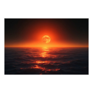 Fiery Moon Over Calm Ocean Fantasy Sunset Fotodruck