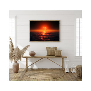 Fiery Moon Over Calm Ocean Fantasy Sunset Fotodruck