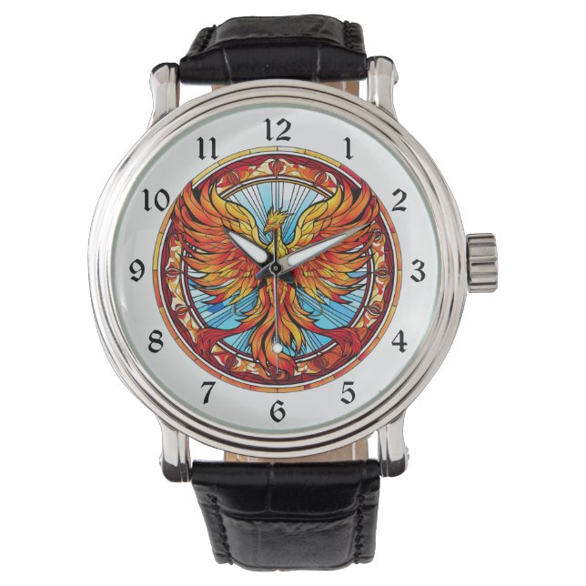Fiery Orange Blue Phoenix Bird Armbanduhr (Vorderseite)