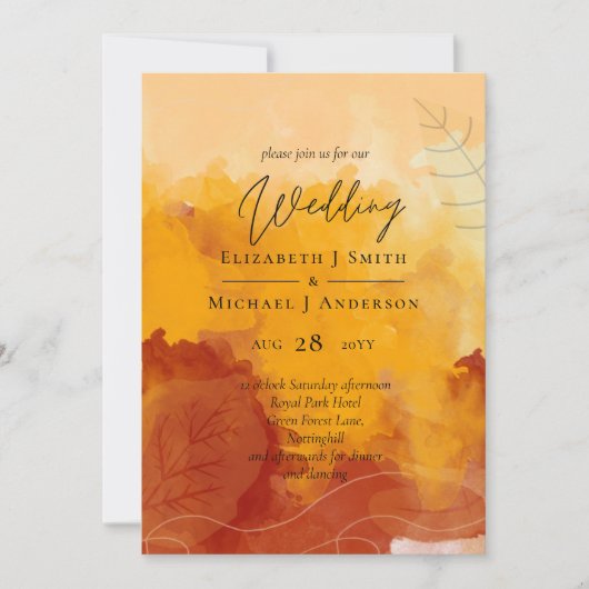 Fiery Orange Watercolor Abstrakt Sunset Wedding (Vorderseite)