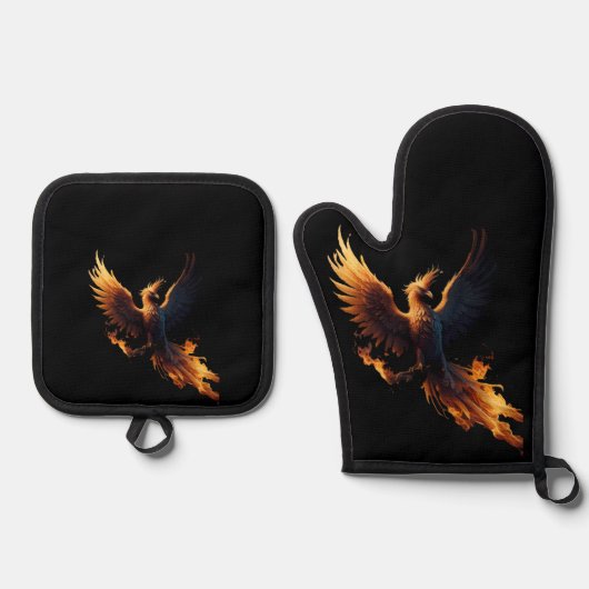 Fiery Phoenix Ofenhandschuh & Topflappen-Set (Vorderseite)