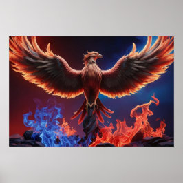 Fiery Phoenix: Rebirth in Red and Blue Flames Poster
