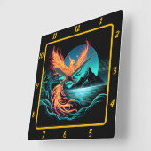 Fiery Phoenix über den stillen Bergen Quadratische Wanduhr (Winkel)