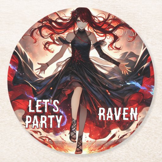 Fiery Raven Gothic Anime Girl Party Design Runder Pappuntersetzer (Vorderseite)