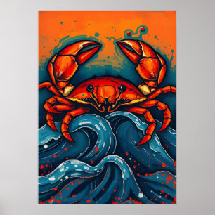 Fiery Red Crab - Bold Sea Creature in Splashashy S Poster