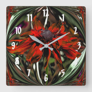 Fiery Red Daisy Abstrakte Blume Art Quadratische Wanduhr