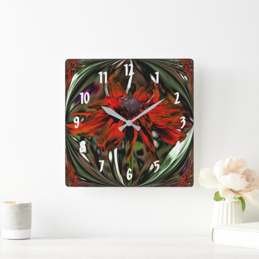 Fiery Red Daisy Abstrakte Blume Art Quadratische Wanduhr (Zuhause)