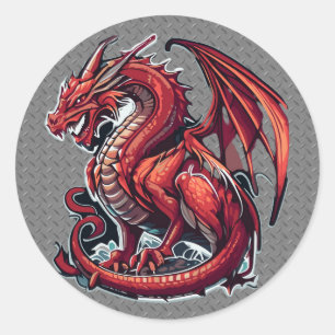 Fiery Red Dragon auf Metall-Diamantplatte Runder Aufkleber