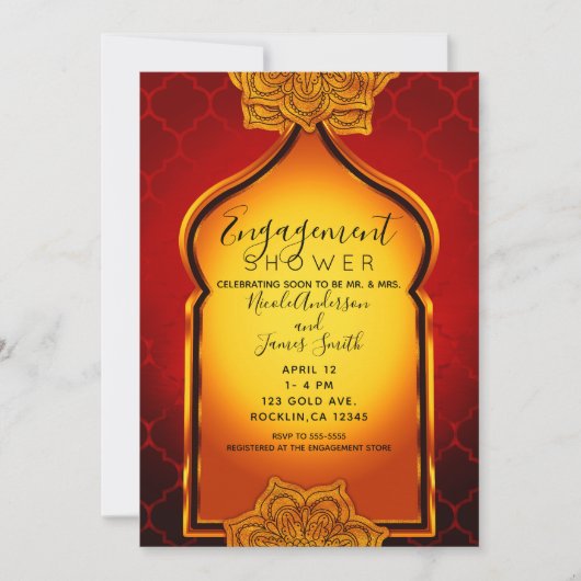 Fiery Red Gold Indian Arabian Verlobung Dusche Einladung (Vorderseite)