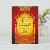 Fiery Red Gold Royal Indian Arabian Sweet 16 Party Einladung (Stehend Vorderseite)