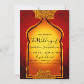 Fiery Red Gold Royal Indian Arabian Theme Wedding Einladung (Vorderseite)