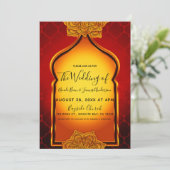 Fiery Red Gold Royal Indian Arabian Theme Wedding Einladung (Stehend Vorderseite)