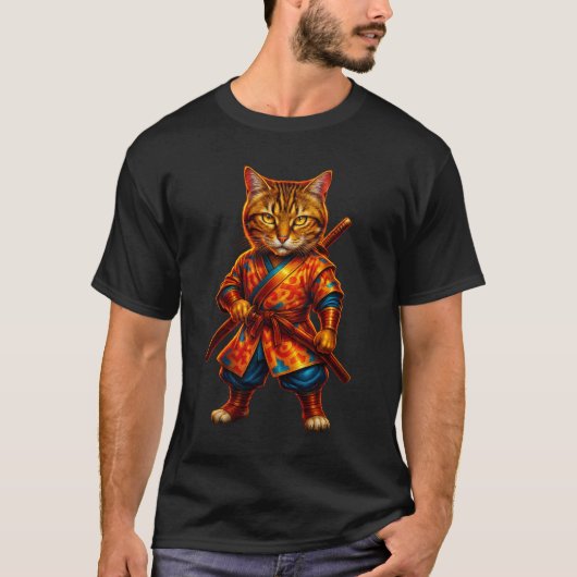 Fiery Samurai Cat T-Shirt – Red Armor Warrior with (Vorderseite)