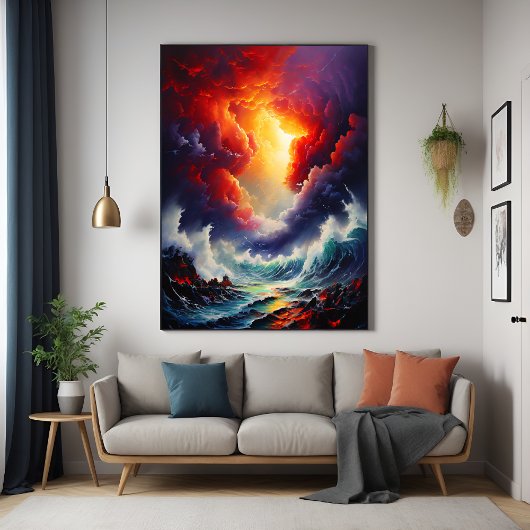 Fiery Sky and Roaring Sea - Dynamic Seascape Art Poster