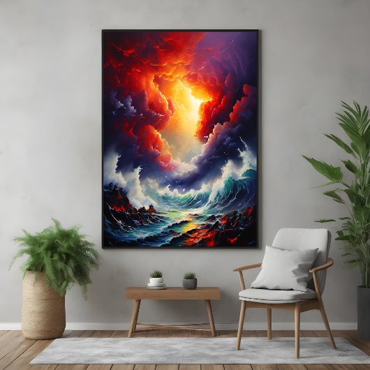 Fiery Sky and Roaring Sea - Dynamic Seascape Art Poster