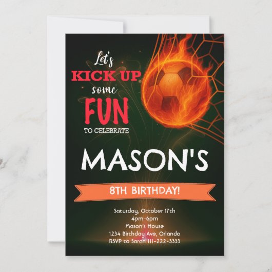 Fiery Soccer Ball zum Geburtstag Einladung (Vorderseite)