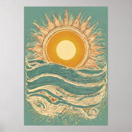 Fiery Sun on Green Sun Illustration Wall Art Print Poster