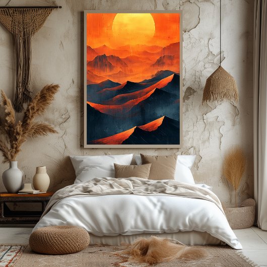 Fiery Sunset Mountains in Monochrom Orange Poster