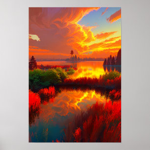 Fiery Sunset Reflection, Lake Bathed in Crimson Poster