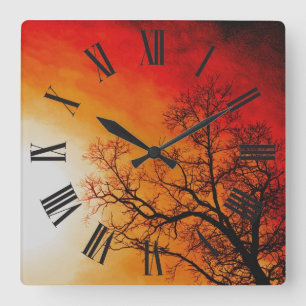 Fiery Sunset & Tree Branches Naturschutz Quadratische Wanduhr