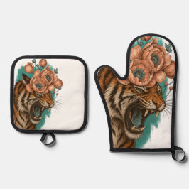 Fiery Tiger Bloom Ofenhandschuh & Topflappen-Set