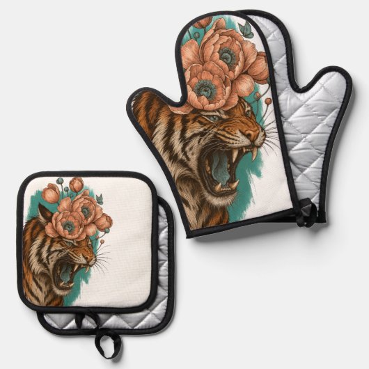 Fiery Tiger Bloom Ofenhandschuh & Topflappen-Set (Vorderseite/Rückseite)