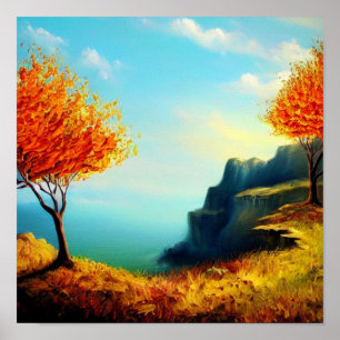 Fiery Trees on a Cliffside Oceanscape Poster