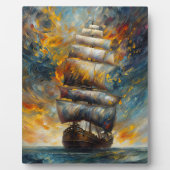 Fiery Voyage Dramatisches Segelschiff bei Sunset A Fotoplatte (Vorderseite)