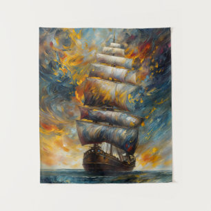 Fiery Voyage Dramatisches Segelschiff bei Sunset A Wandteppich