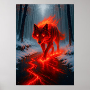 Fiery Wolf in Snow Fantasy Spirit Animal Poster