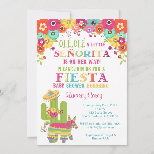 Fiesta-Baby-Dusche Invitation~ Piñata und Blumen Einladung (Vorderseite)