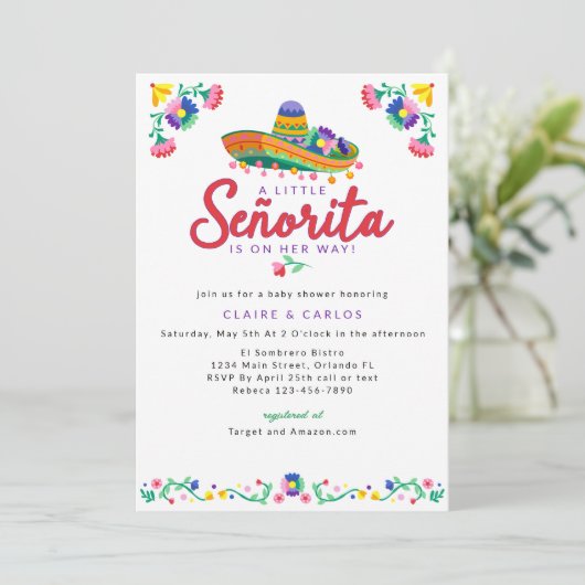 Fiesta Baby Shower Invasion - Floral Sombrero Ta Einladung (Stehend Vorderseite)